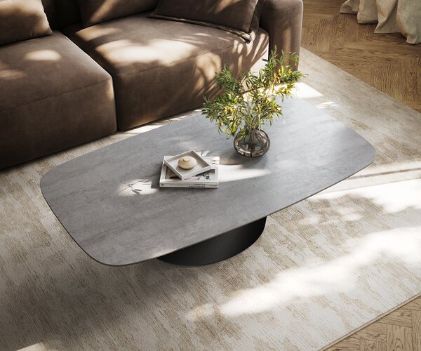 DELIFE Konferenčný stolík Edge zaoblený 140×80 cm keramika betón sivá Conis kov čierna