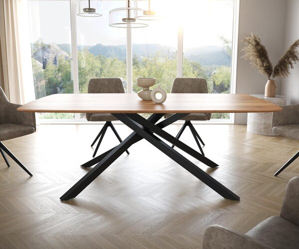 DELIFE Jedálenský stôl Edge zaoblený tvar 200x100 akácia prírodná krížová podstava obdĺžnik čierna švajčiarska hrana