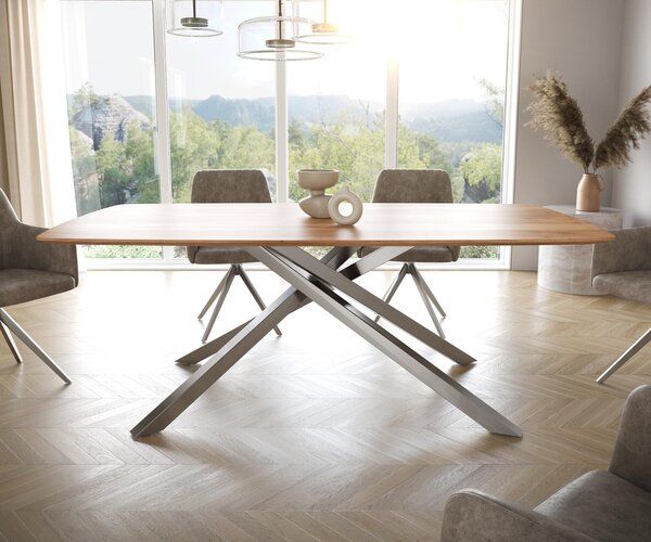 DELIFE Jedálenský stôl Edge zaoblený tvar 200x100 akácia prírodná krížová podstava obdĺžnik nerezová oceľ švajčiarska hrana