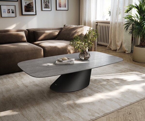 DELIFE Konferenčný stolík Edge zaoblený 140×80 cm keramika betón sivá Conis kov čierna