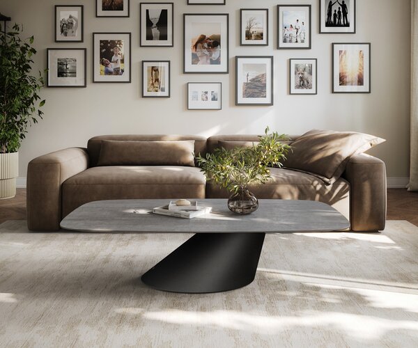 DELIFE Konferenčný stolík Edge zaoblený 140×80 cm keramika betón sivá Conis kov čierna