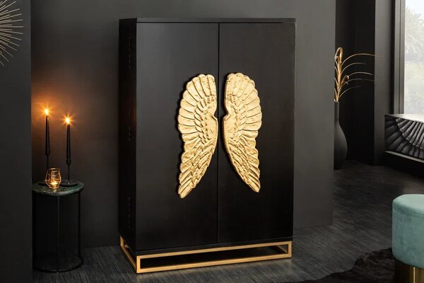 Nemecko - Extravagantná skriňa ANGEL 140 cm čierne mangové drevo so zlatými krídlami