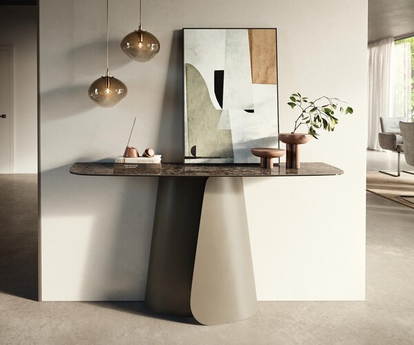 DELIFE Konzolový stolík Edge zaoblený 140×40 cm keramika Emperador extra leštený tmavohnedá Livos kov titánová farba