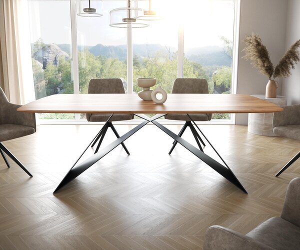 DELIFE Jedálenský stôl Edge zaoblený 200x100 akácia prírodná podstava v tvare V plochá oceľ čierna švajčiarska hrana