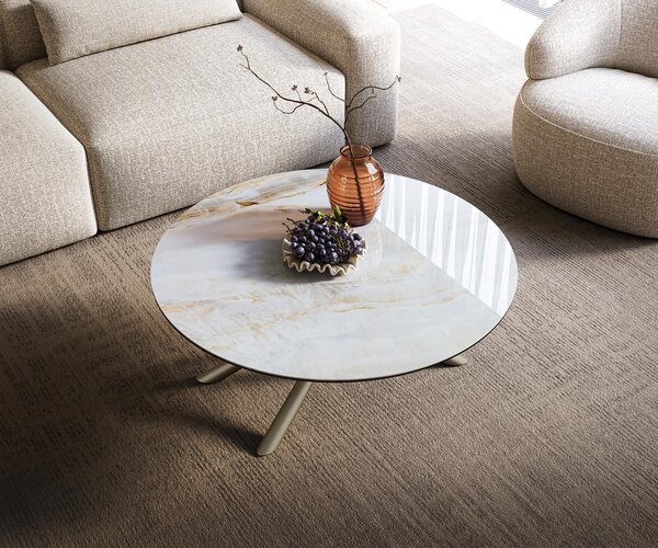 DELIFE Konferenčný stolík Edge okrúhly 100×100 cm keramika onyx perla Sarity kov titánová farba efekt