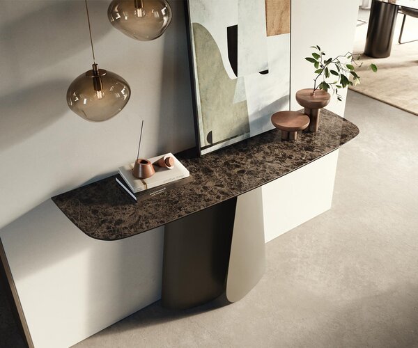 DELIFE Konzolový stolík Edge zaoblený 140×40 cm keramika Emperador extra leštený tmavohnedá Livos kov titánová farba