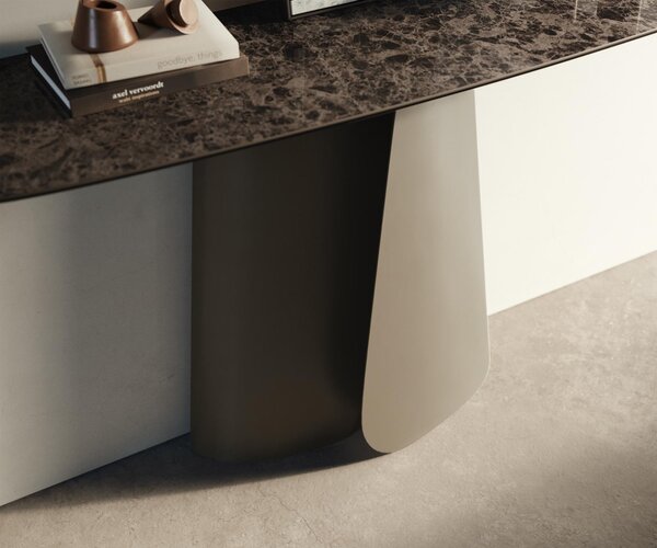 DELIFE Konzolový stolík Edge zaoblený 140×40 cm keramika Emperador extra leštený tmavohnedá Livos kov titánová farba
