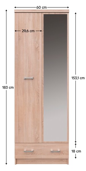 KONDELA Skriňa so zrkadlom 2D1S/60, dub sonoma, TOPTY TYP 38