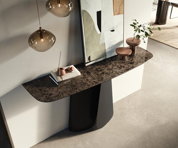 DELIFE Konzolový stolík Edge zaoblený 140×40 cm keramika Emperador Extra Lucidato tmavohnedá Livos kov čierna