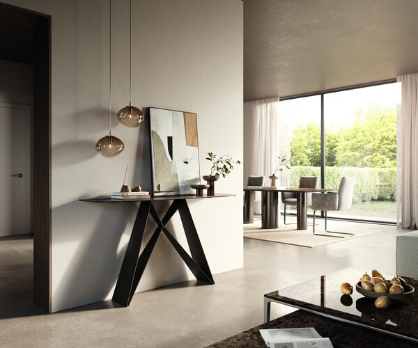 DELIFE Konzolový stolík Edge zaoblený 140×40 cm keramika Emperador Extra Lucidato tmavohnedá Velio kov čierna