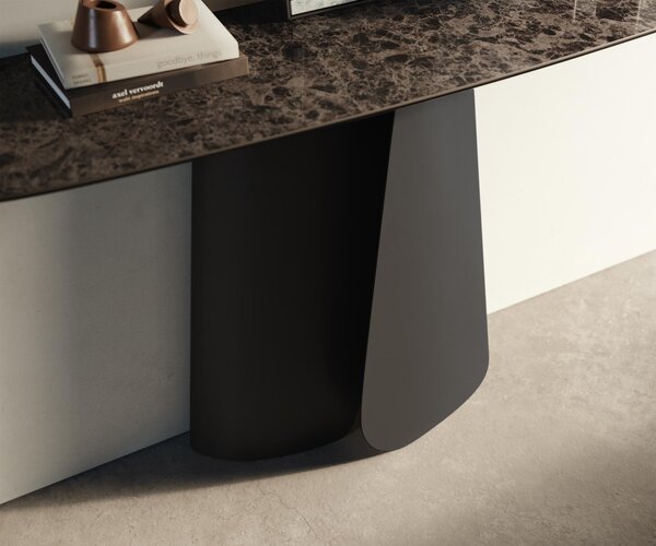 DELIFE Konzolový stolík Edge zaoblený 140×40 cm keramika Emperador Extra Lucidato tmavohnedá Livos kov čierna