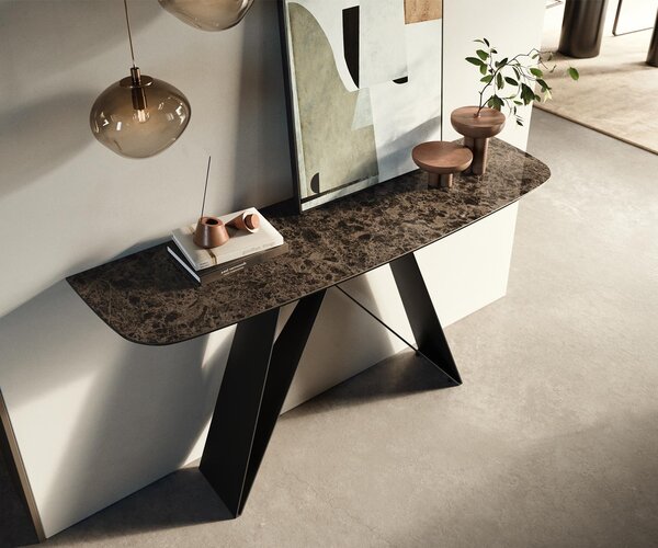 DELIFE Konzolový stolík Edge zaoblený 140×40 cm keramika Emperador Extra Lucidato tmavohnedá Velio kov čierna