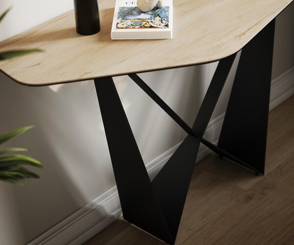 DELIFE Konzolový stolík Edge polygonálny 140×50 cm keramika Laminam® sabbia v dubovej farbe Spios kov čierna