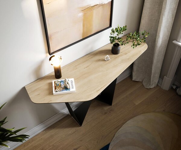 DELIFE Konzolový stolík Edge polygonálny 140×50 cm keramika Laminam® sabbia v dubovej farbe Spios kov čierna
