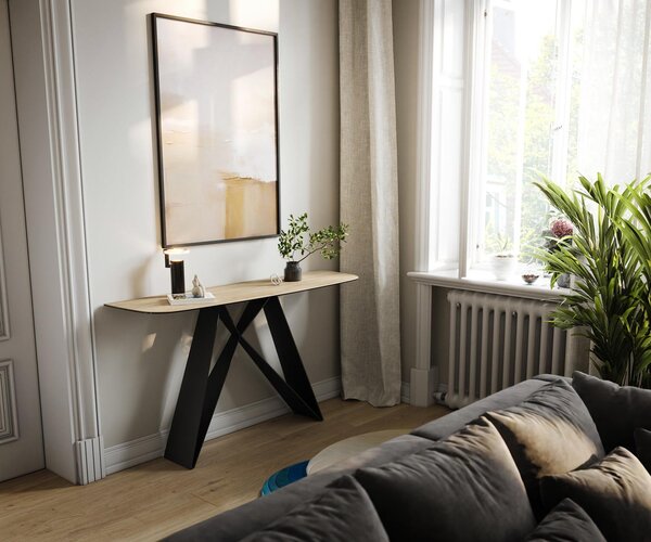 DELIFE Konzolový stolík Edge zaoblený 140×40 cm keramika Laminam® Sabbia dubová farba Velio kov čierna