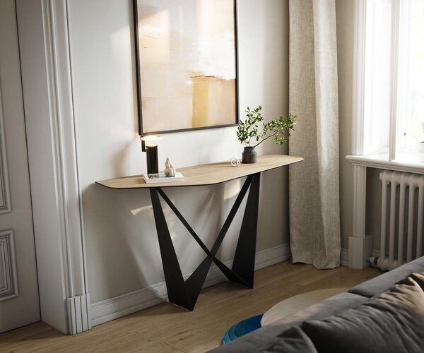 DELIFE Konzolový stolík Edge polygonálny 140×50 cm keramika Laminam® sabbia v dubovej farbe Spios kov čierna