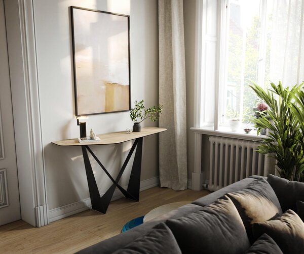 DELIFE Konzolový stolík Edge polygonálny 140×50 cm keramika Laminam® sabbia v dubovej farbe Spios kov čierna