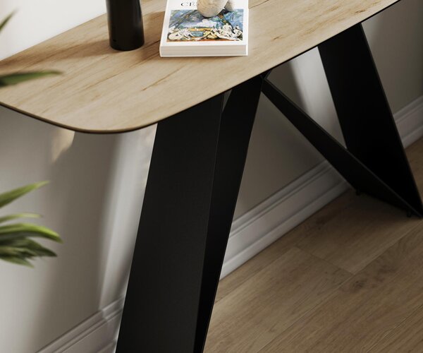 DELIFE Konzolový stolík Edge zaoblený 140×40 cm keramika Laminam® Sabbia dubová farba Velio kov čierna