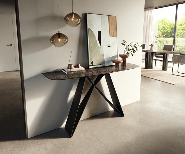 DELIFE Konzolový stolík Edge zaoblený 140×40 cm keramika Emperador Extra Lucidato tmavohnedá Velio kov čierna