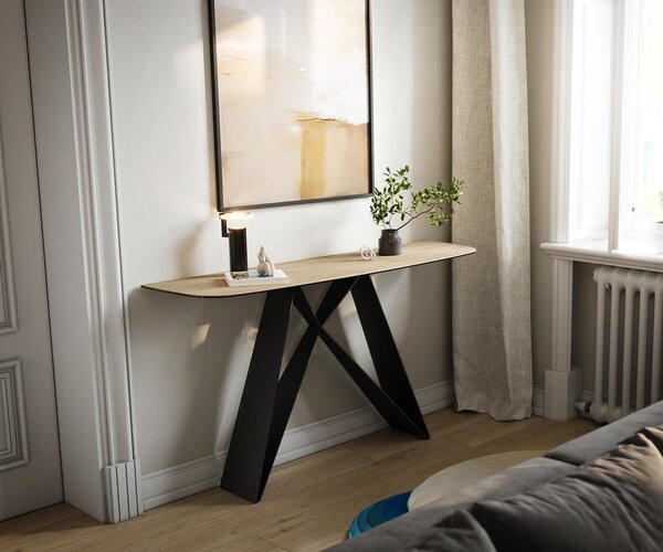 DELIFE Konzolový stolík Edge zaoblený 140×40 cm keramika Laminam® Sabbia dubová farba Velio kov čierna