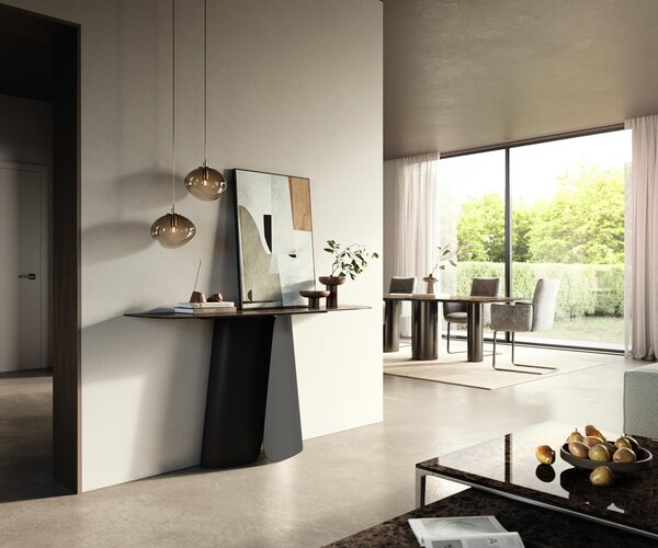 DELIFE Konzolový stolík Edge zaoblený 140×40 cm keramika Emperador Extra Lucidato tmavohnedá Livos kov čierna