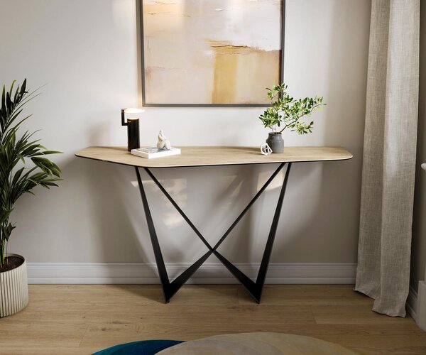 DELIFE Konzolový stolík Edge polygonálny 140×50 cm keramika Laminam® sabbia v dubovej farbe Spios kov čierna