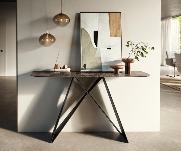 DELIFE Konzolový stolík Edge zaoblený 140×40 cm keramika Emperador Extra Lucidato tmavohnedá Velio kov čierna