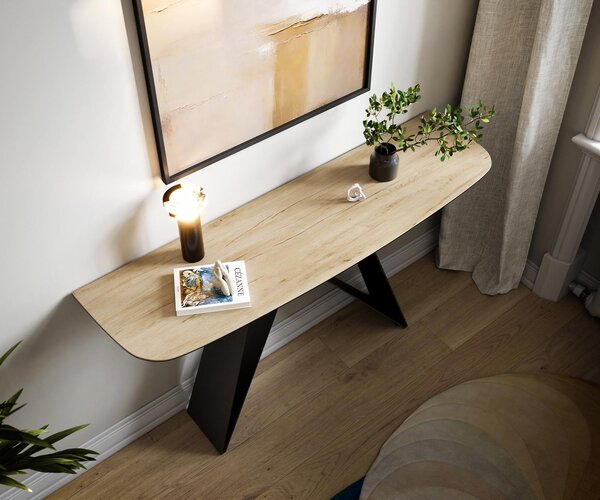 DELIFE Konzolový stolík Edge zaoblený 140×40 cm keramika Laminam® Sabbia dubová farba Velio kov čierna