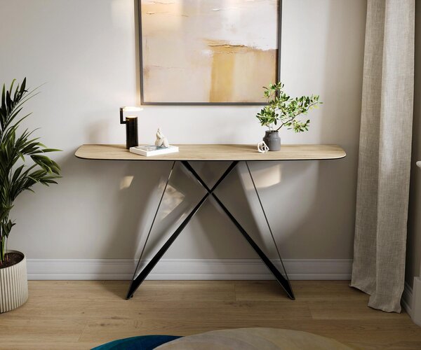 DELIFE Konzolový stolík Edge zaoblený 140×40 cm keramika Laminam® Sabbia dubová farba Velio kov čierna