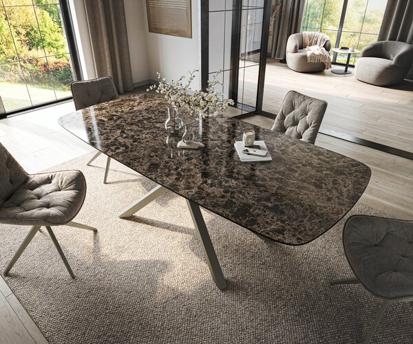 DELIFE Jedálenský stôl Edge zaoblený 180-220×100 cm keramika emperador extra leštená tmavohnedá krížová podstava hranatý titánová farba rozkladací