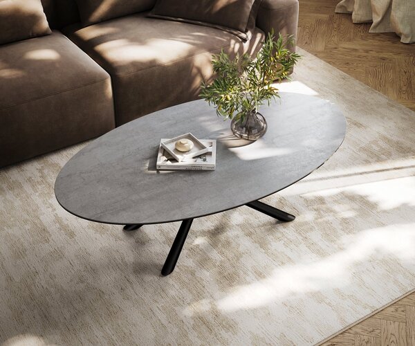 DELIFE Konferenčný stolík Edge oválny 140×80 cm keramika betón sivá Sarity kov čierna