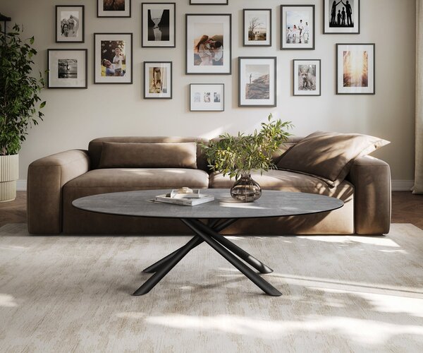DELIFE Konferenčný stolík Edge oválny 140×80 cm keramika betón sivá Sarity kov čierna