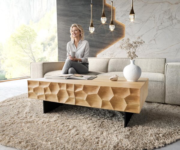DELIFE Konferenčný stolík Solu 120x70 cm dub prírodný 4 zásuvky závesná kovová podstava čierna 3D čelá