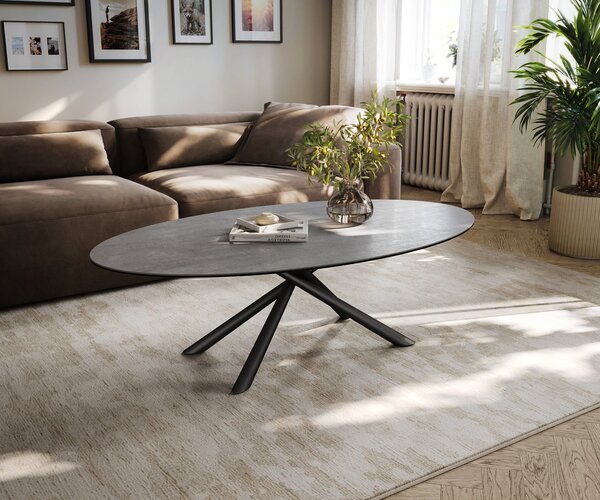 DELIFE Konferenčný stolík Edge oválny 140×80 cm keramika betón sivá Sarity kov čierna