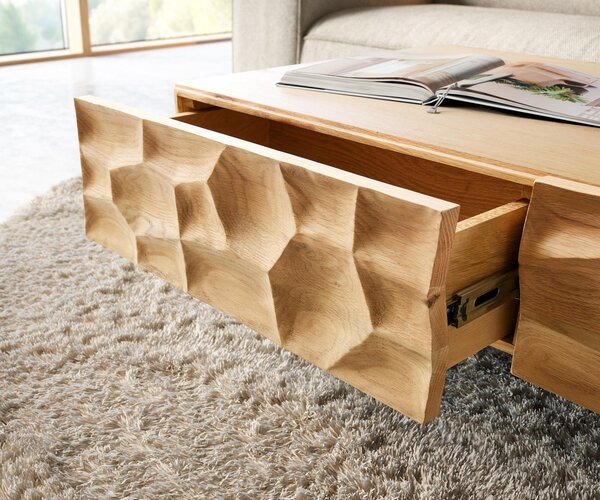 DELIFE Konferenčný stolík Solu 120x70 cm dub prírodný 4 zásuvky závesná kovová podstava čierna 3D čelá