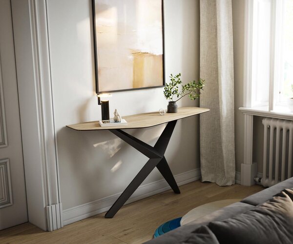 DELIFE Konzolový stolík Edge polygonálny 140×50 cm keramika Laminam® sabbia v dubovej farbe Zentharo kov čierna