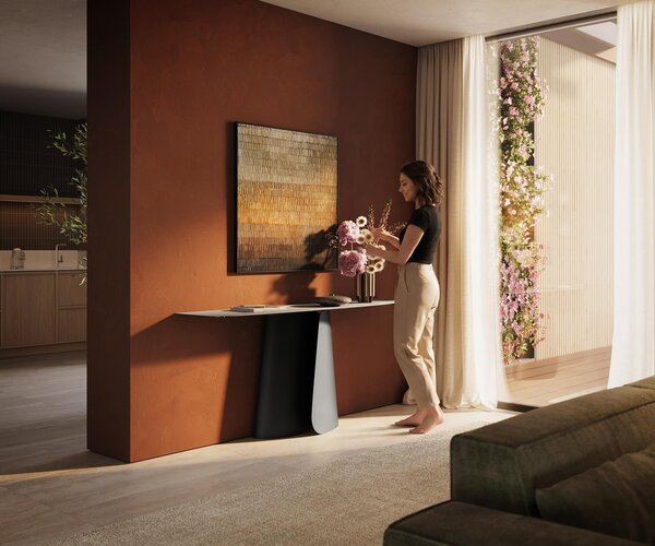 DELIFE Konzolový stolík Edge zaoblený tvar 180×40 cm keramika Laminam® Travertino Bianco krémovo biela Livos kov čierna