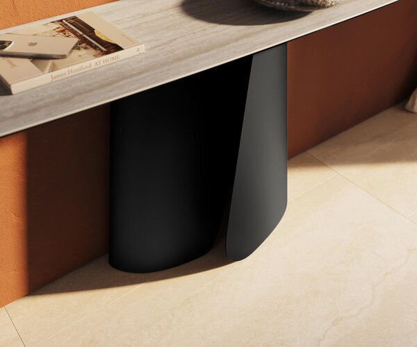 DELIFE Konzolový stolík Edge zaoblený tvar 180×40 cm keramika Laminam® Travertino Bianco krémovo biela Livos kov čierna