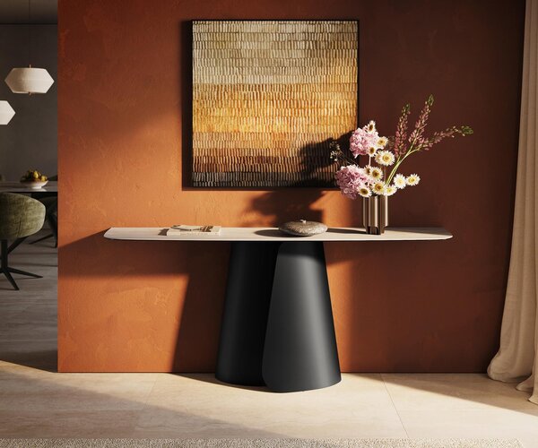 DELIFE Konzolový stolík Edge zaoblený tvar 180×40 cm keramika Laminam® Travertino Bianco krémovo biela Livos kov čierna