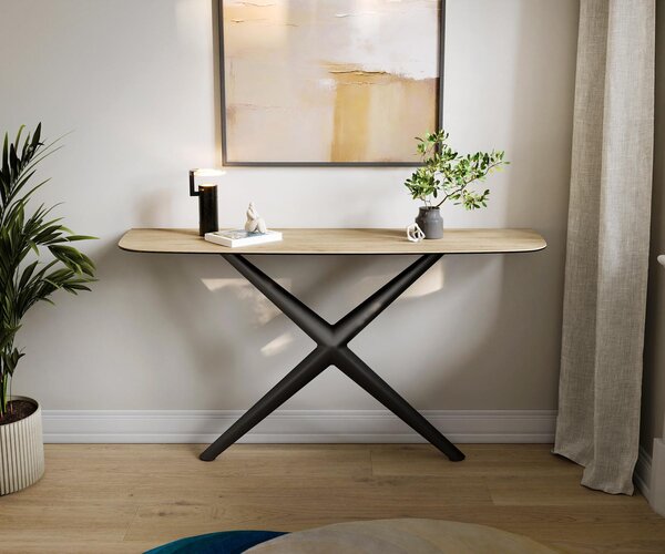 DELIFE Konzolový stolík Edge zaoblený 140×40 cm keramika Laminam® sabbia dubová farba Estelo kov čierna