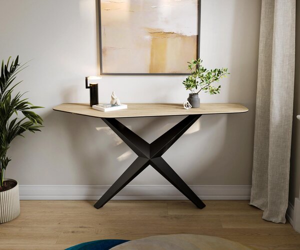 DELIFE Konzolový stolík Edge polygonálny 140×50 cm keramika Laminam® sabbia v dubovej farbe Zentharo kov čierna