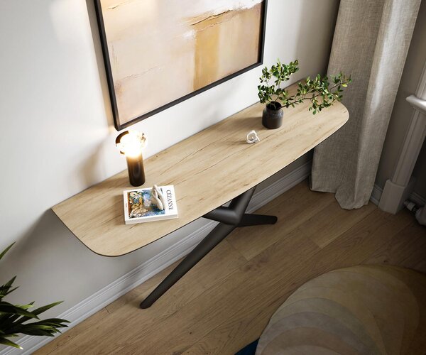 DELIFE Konzolový stolík Edge zaoblený 140×40 cm keramika Laminam® sabbia dubová farba Estelo kov čierna