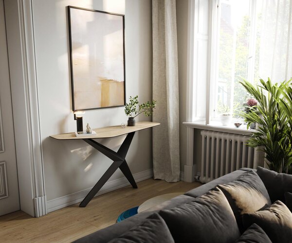 DELIFE Konzolový stolík Edge polygonálny 140×50 cm keramika Laminam® sabbia v dubovej farbe Zentharo kov čierna