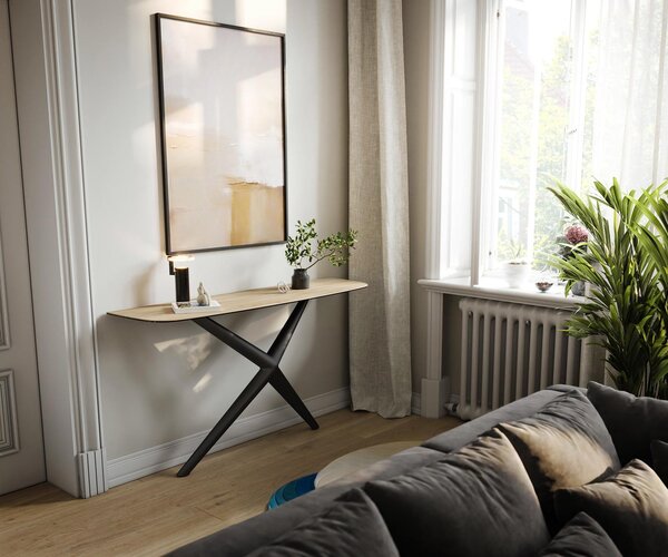 DELIFE Konzolový stolík Edge zaoblený 140×40 cm keramika Laminam® sabbia dubová farba Estelo kov čierna