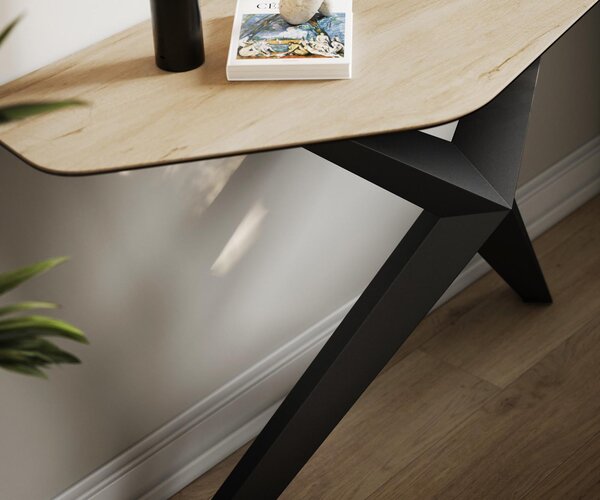 DELIFE Konzolový stolík Edge polygonálny 140×50 cm keramika Laminam® sabbia v dubovej farbe Zentharo kov čierna