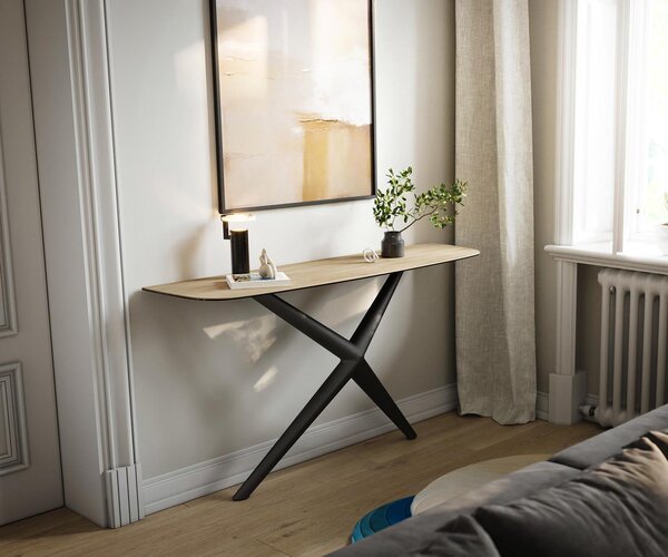 DELIFE Konzolový stolík Edge zaoblený 140×40 cm keramika Laminam® sabbia dubová farba Estelo kov čierna