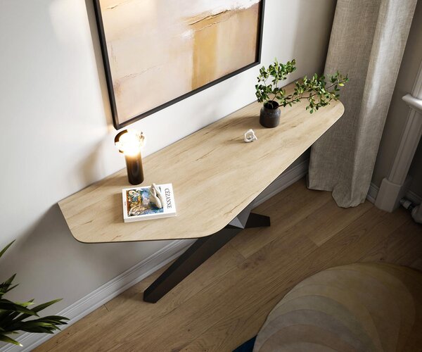 DELIFE Konzolový stolík Edge polygonálny 140×50 cm keramika Laminam® sabbia v dubovej farbe Zentharo kov čierna