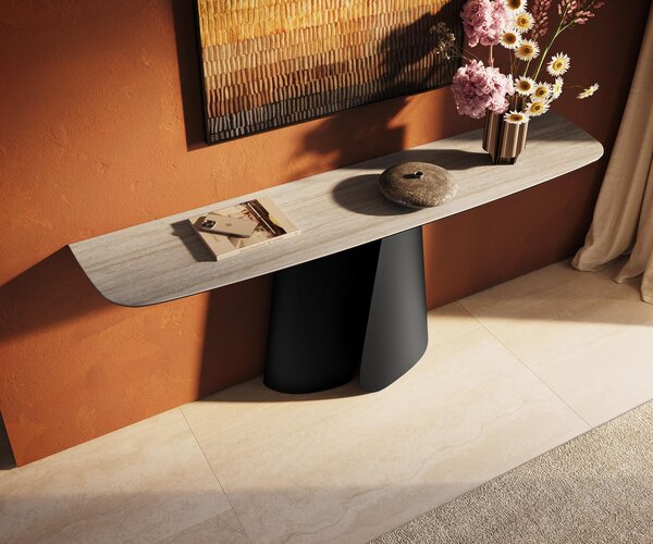 DELIFE Konzolový stolík Edge zaoblený tvar 180×40 cm keramika Laminam® Travertino Bianco krémovo biela Livos kov čierna