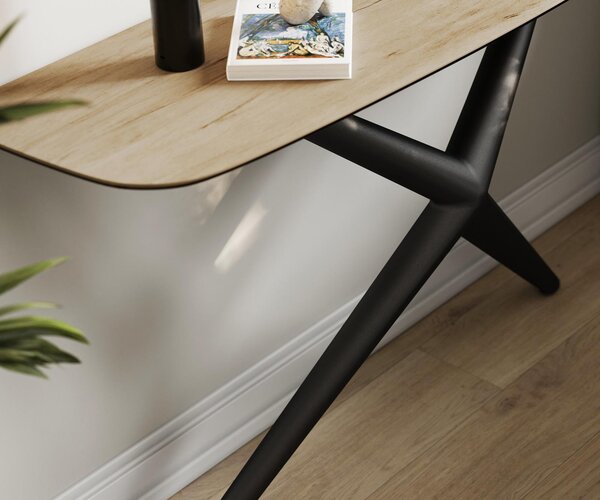 DELIFE Konzolový stolík Edge zaoblený 140×40 cm keramika Laminam® sabbia dubová farba Estelo kov čierna