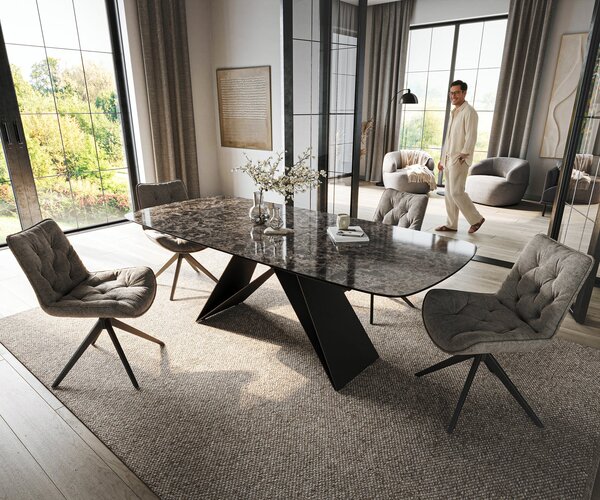 DELIFE Jedálenský stôl Edge zaoblený 180-220×100 cm keramika Emperador Extra Lucidato tmavohnedá podstava v tvare V plochá oceľ čierna rozkladací